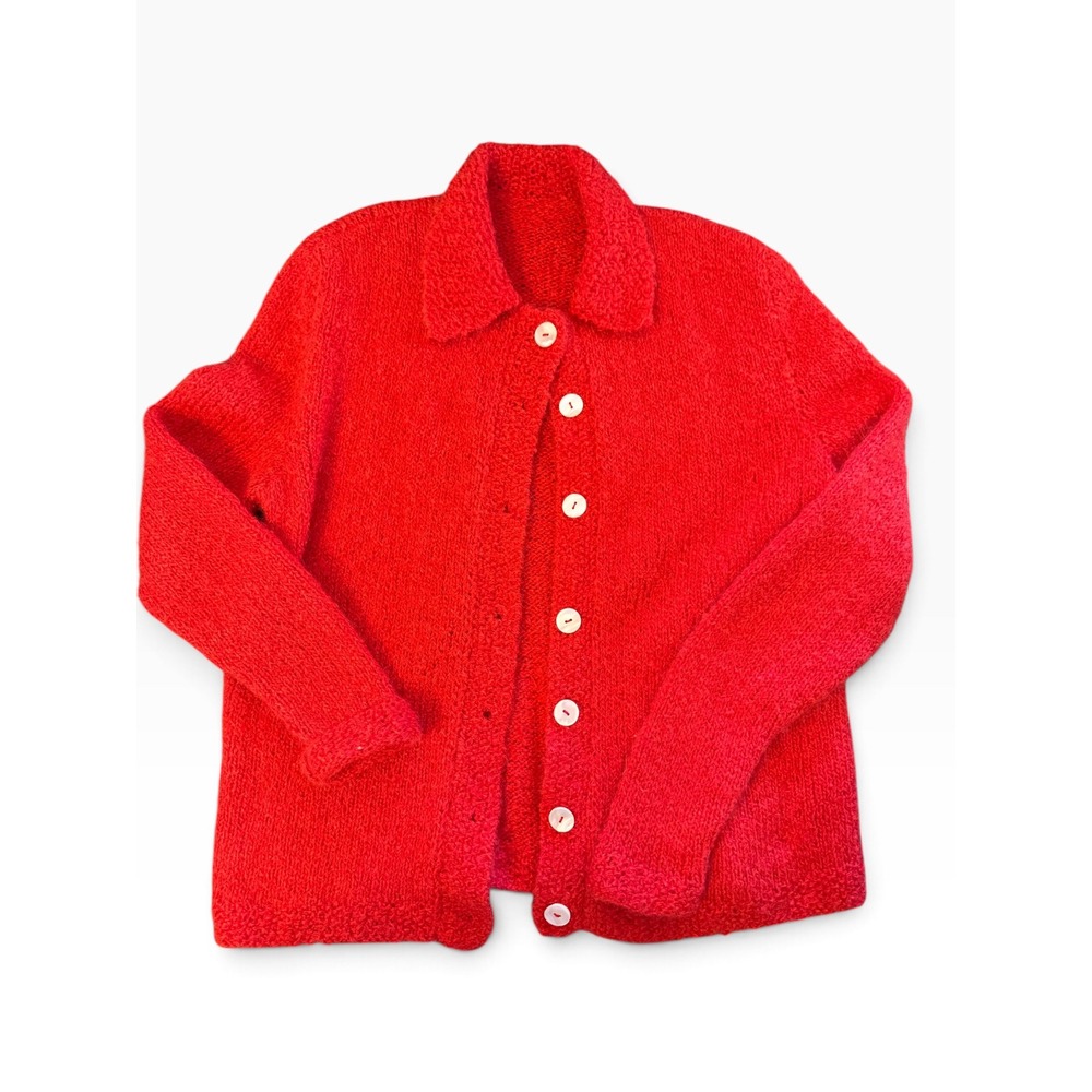 Handmade Red Knit Button Front Cardigan Sweater with Collar Women Medium